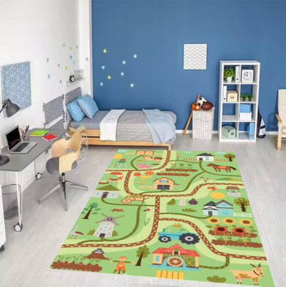 Kids Farm Playroom Rug, Educational Road Map, Washable Nursery Decor