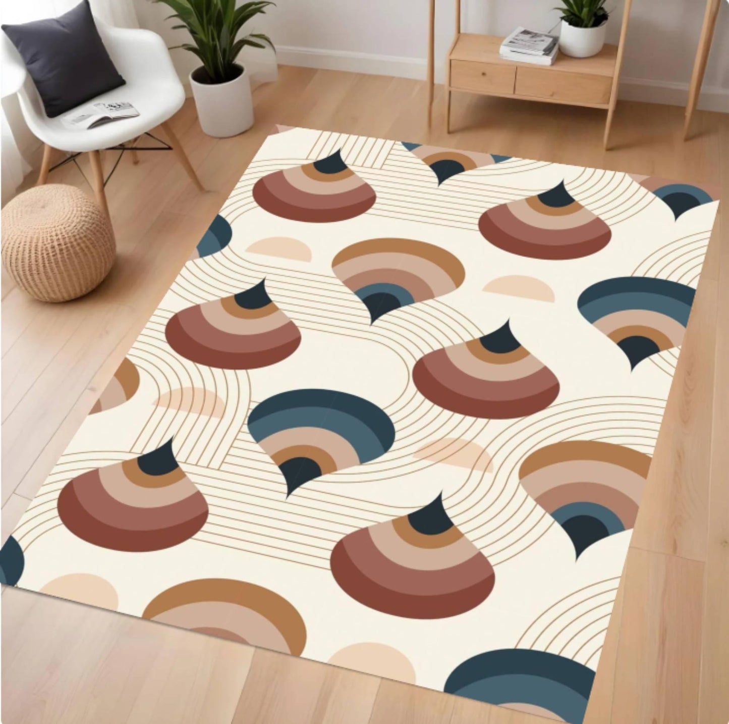 Patterned rug on a wooden floor with furniture in the background