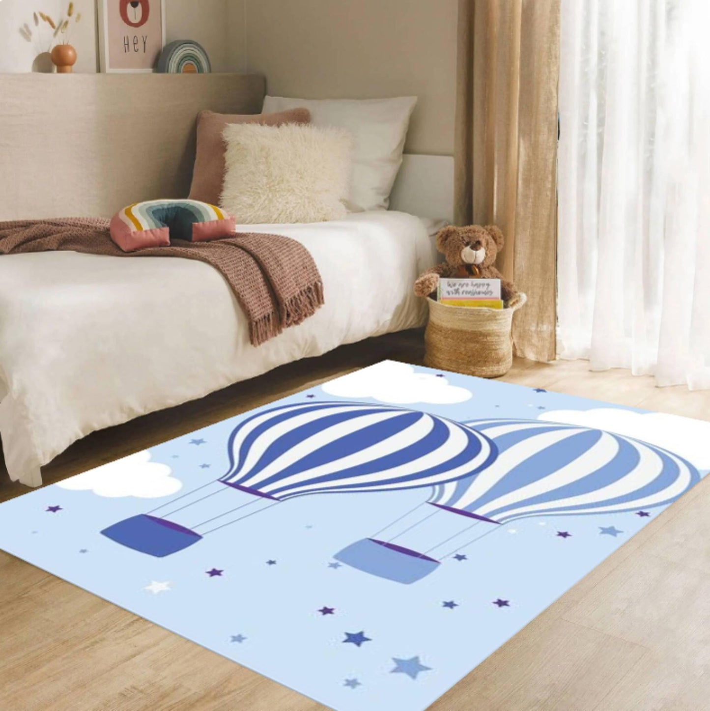 Kids Rug Hot Air Balloon Washable Decor for Kids Room
