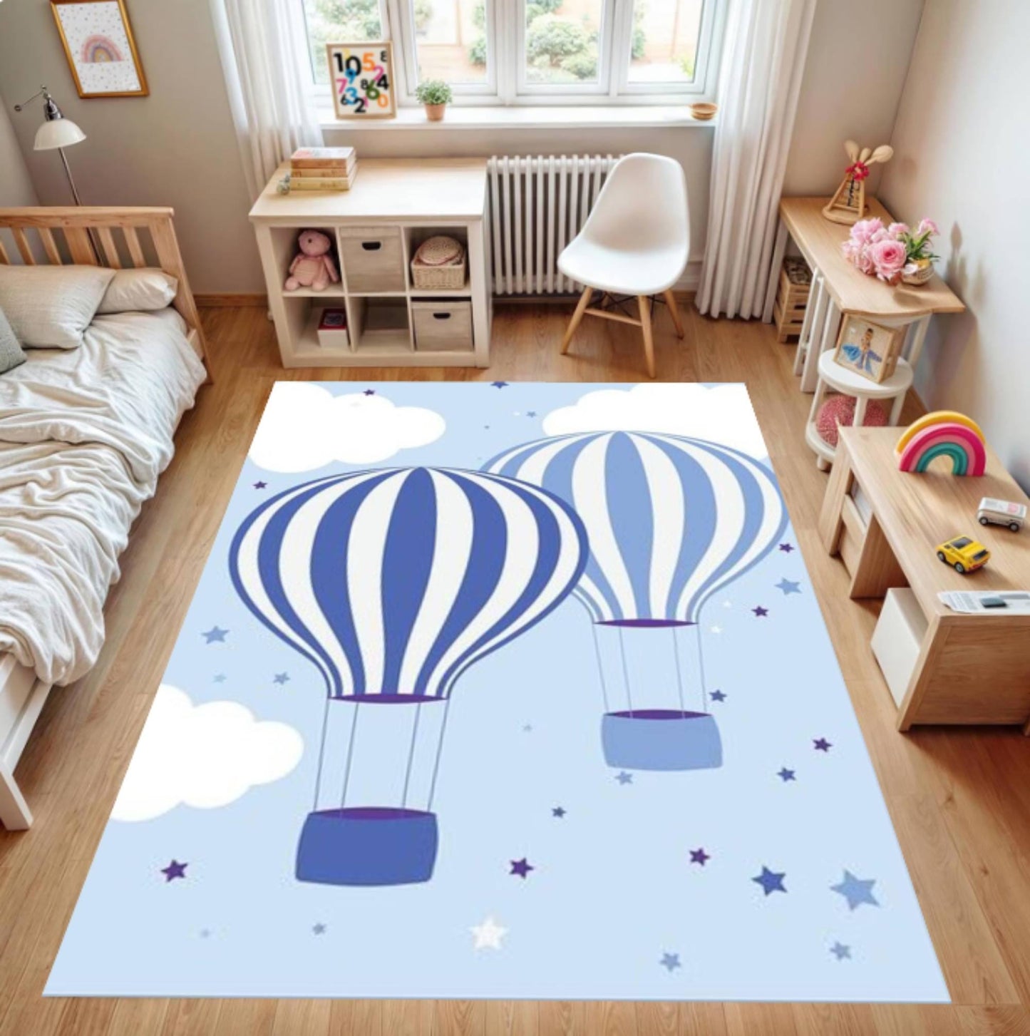 Kids Rug Hot Air Balloon Washable Decor for Kids Room