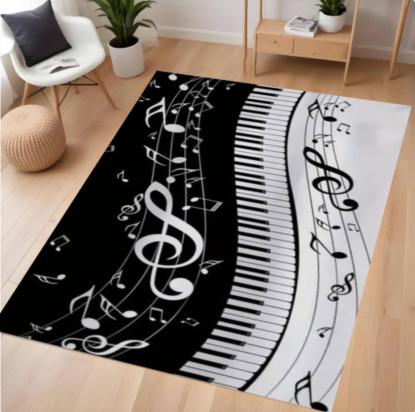 Music-themed rug with piano keys and notes on a wooden floor