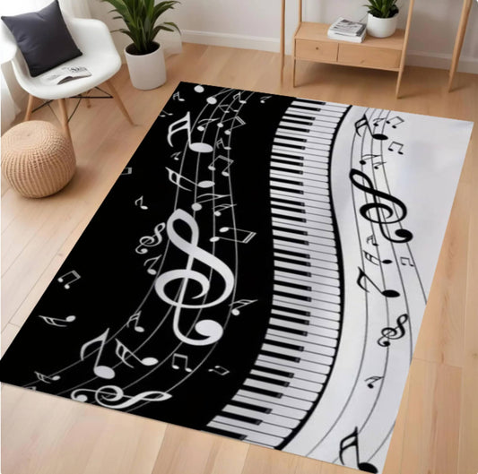 Music-themed rug with piano keys and notes on a wooden floor