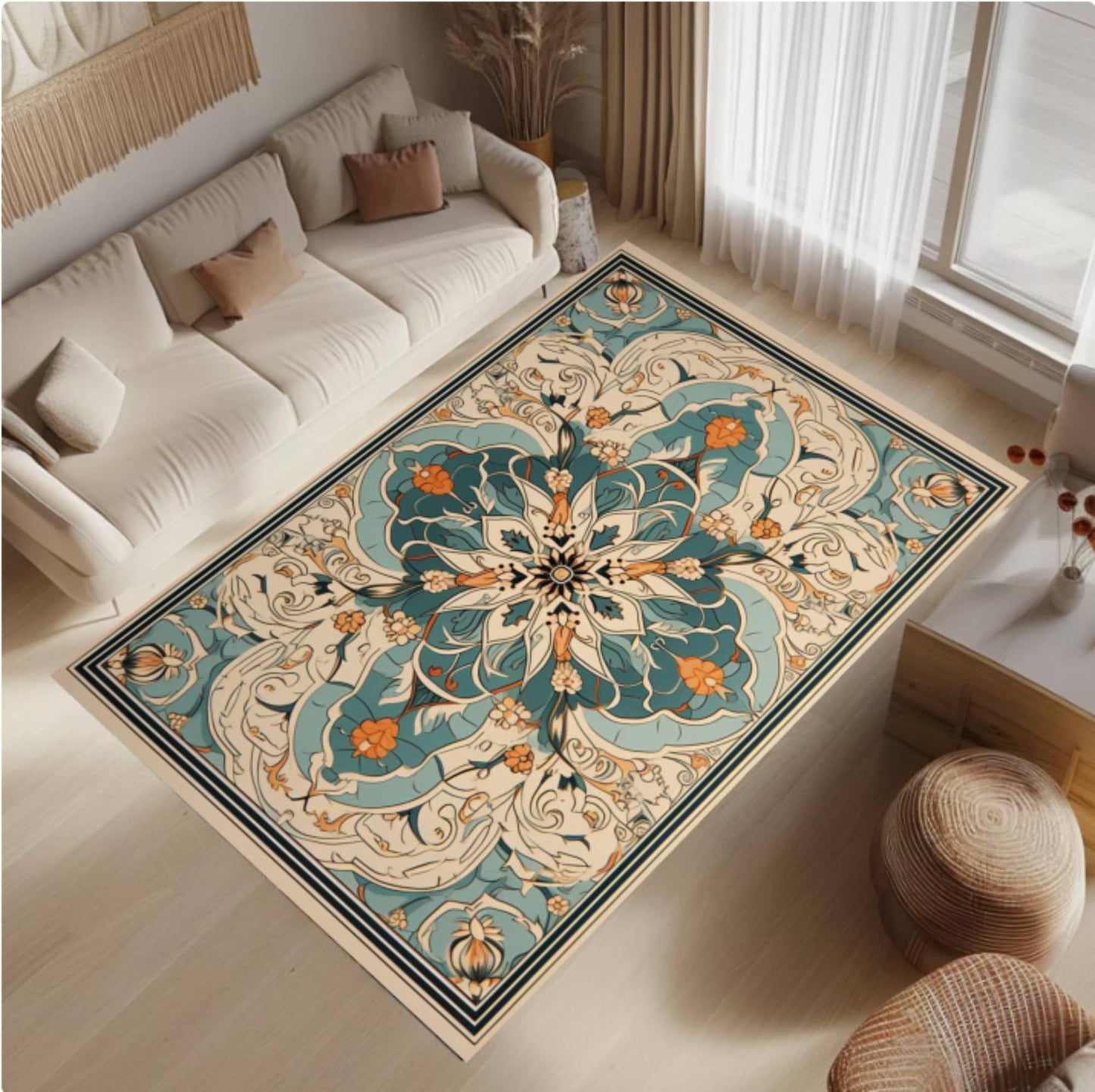 Boho Mandala Area Rug, Vintage Floral Carpet, Washable Non Slip Rug