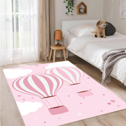 Pink Hot Air Balloon Kids Rug Washable Rug for Kids