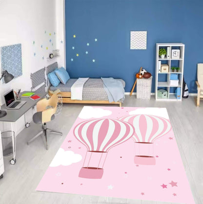 Pink Hot Air Balloon Kids Rug Washable Rug for Kids