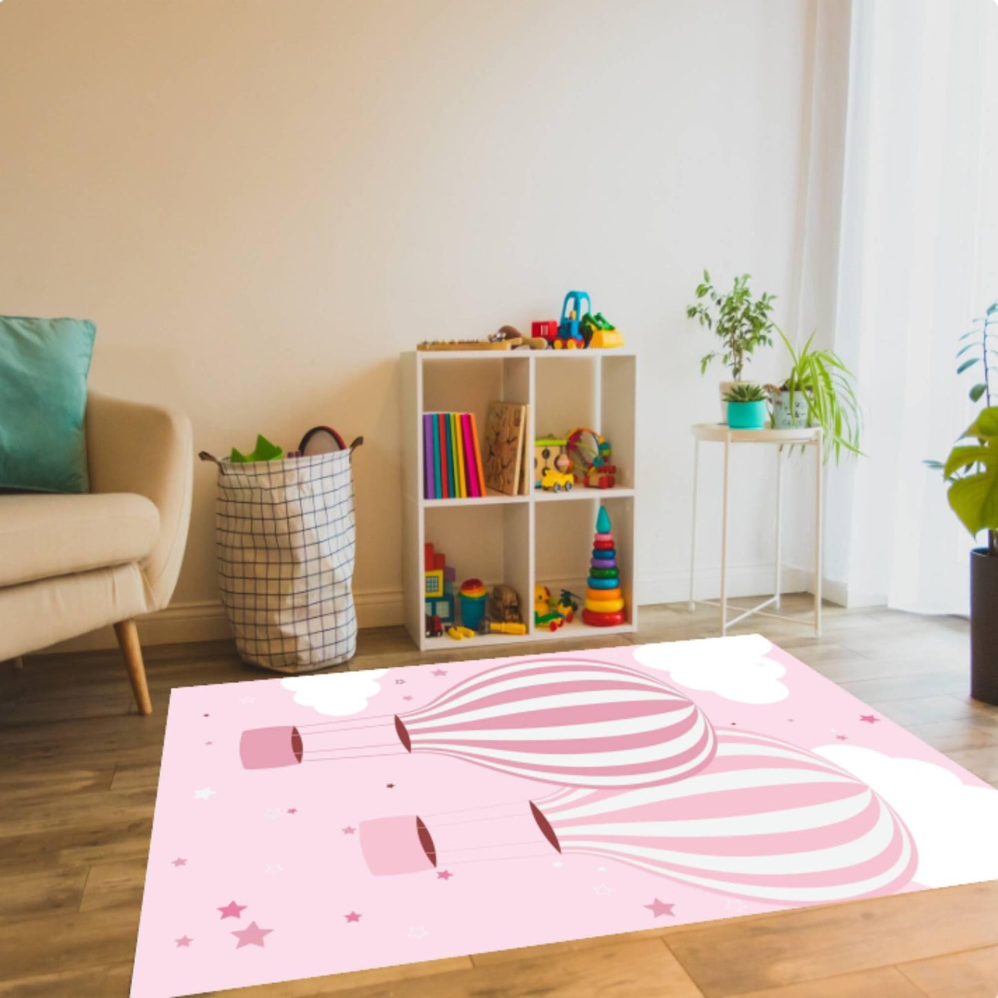 Pink Hot Air Balloon Kids Rug Washable Rug for Kids