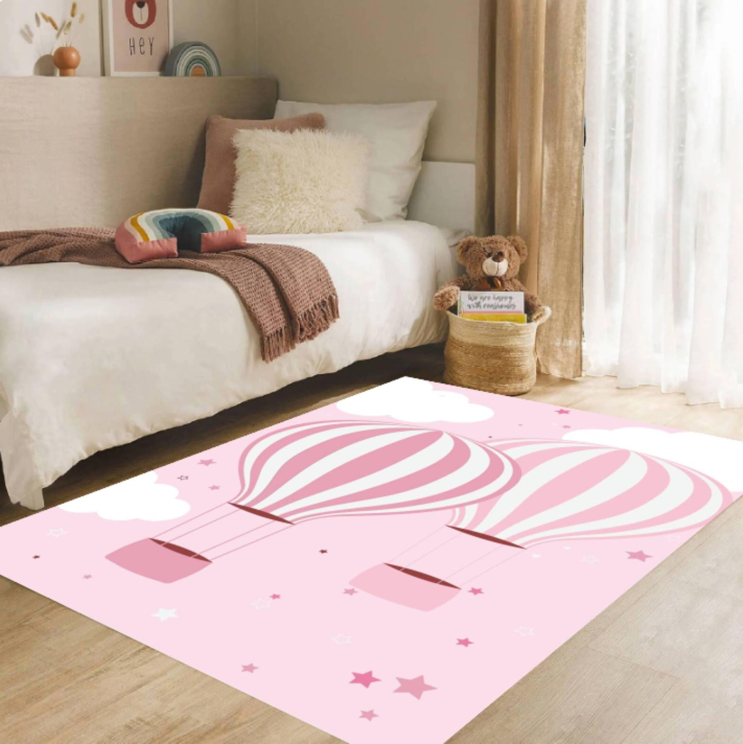 Pink Hot Air Balloon Kids Rug Washable Rug for Kids