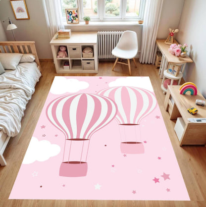 Pink Hot Air Balloon Kids Rug Washable Rug for Kids
