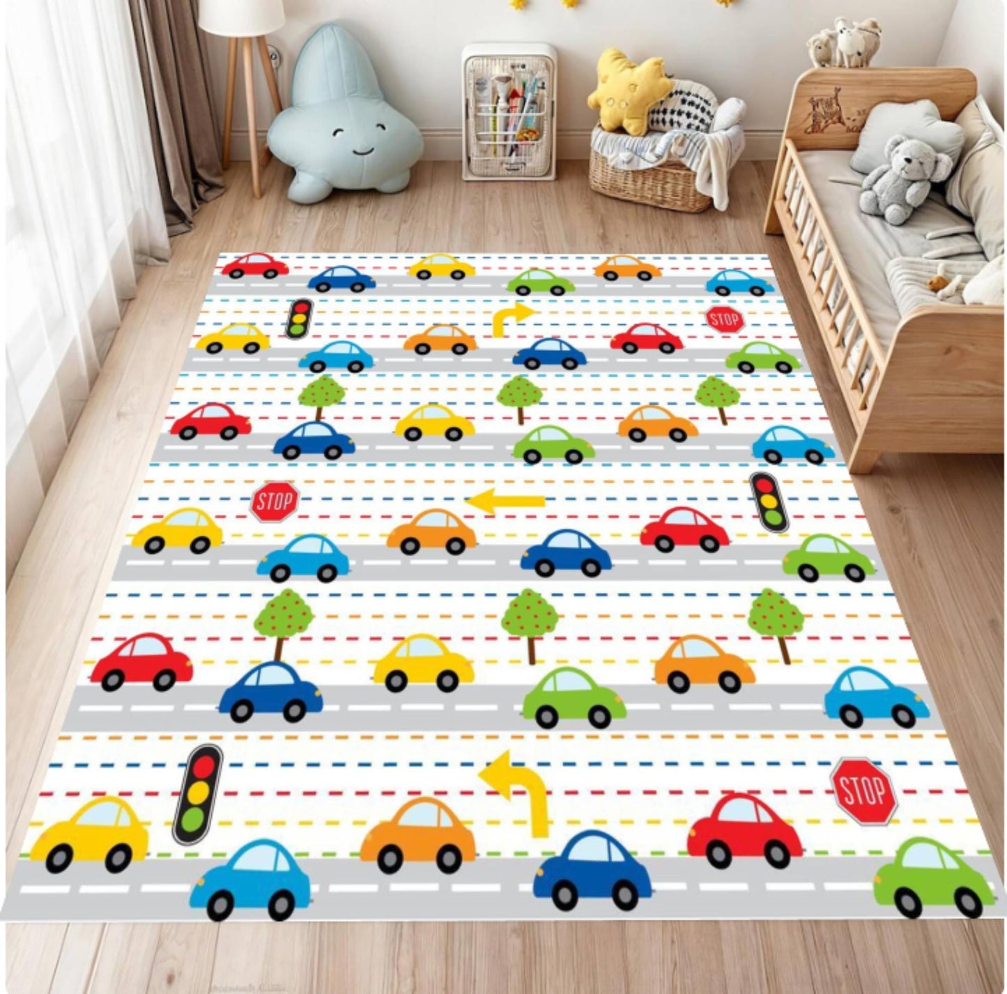 Children's room with a colorful rug featuring cars and traffic lights.