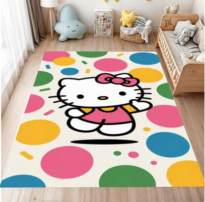 Colorful Hello Kitty rug on a wooden floor with toys and furniture in the background