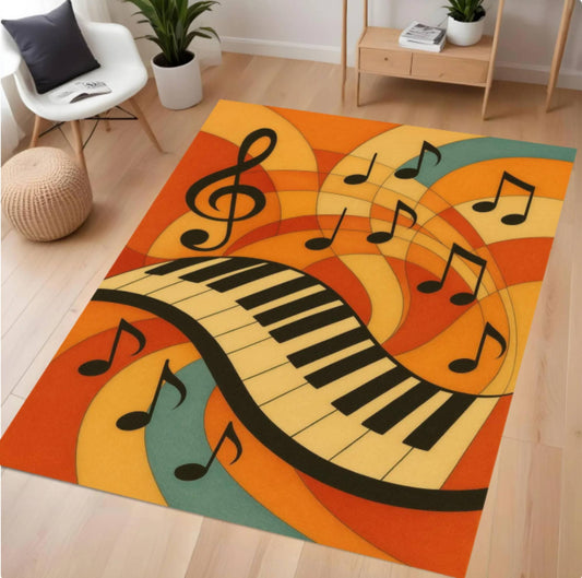 Music-themed rug with piano keys and notes on a wooden floor.