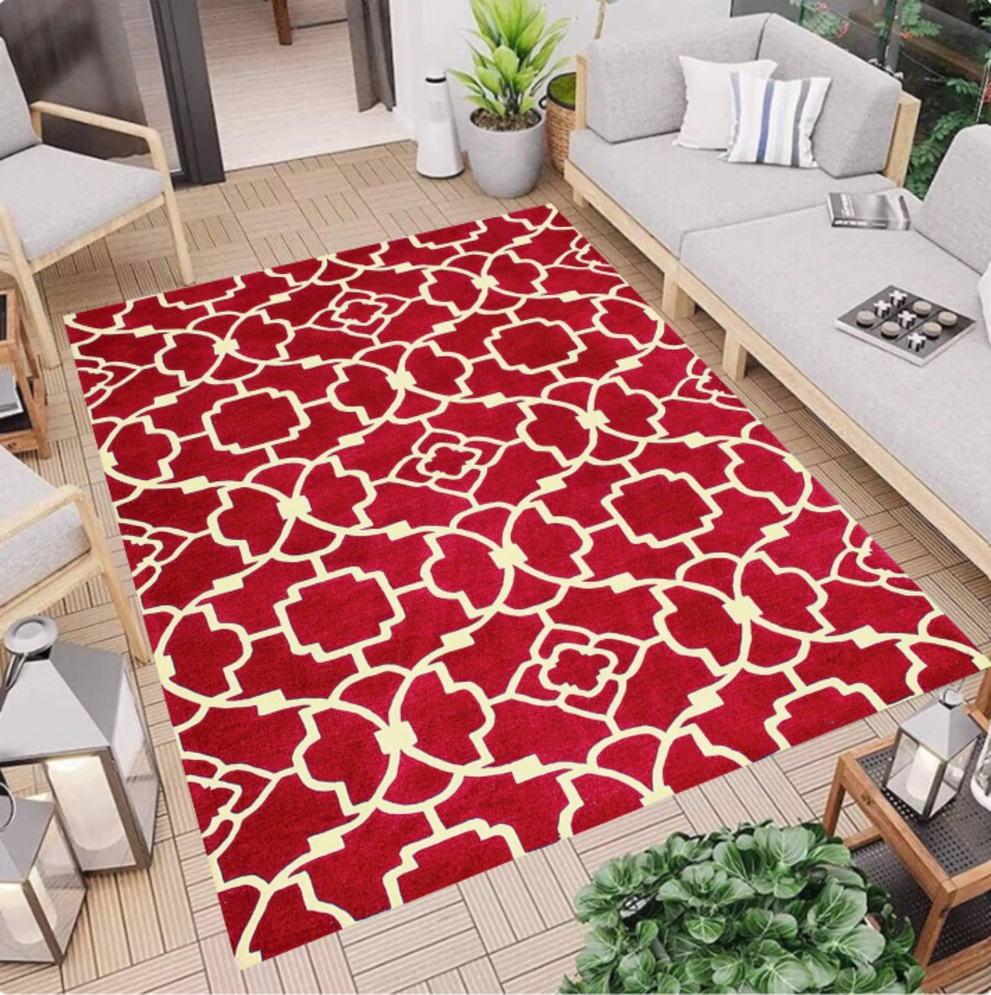 Red Moroccan Modern Geometric Washable Non-slip Rug