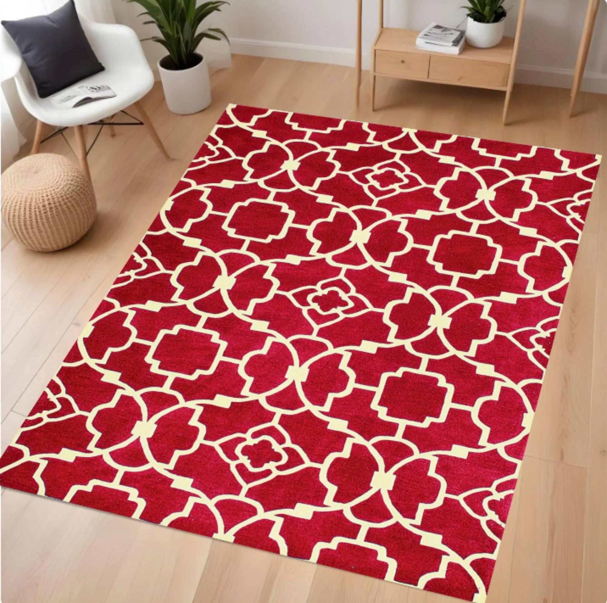 Red Moroccan Modern Geometric Washable Non-slip Rug
