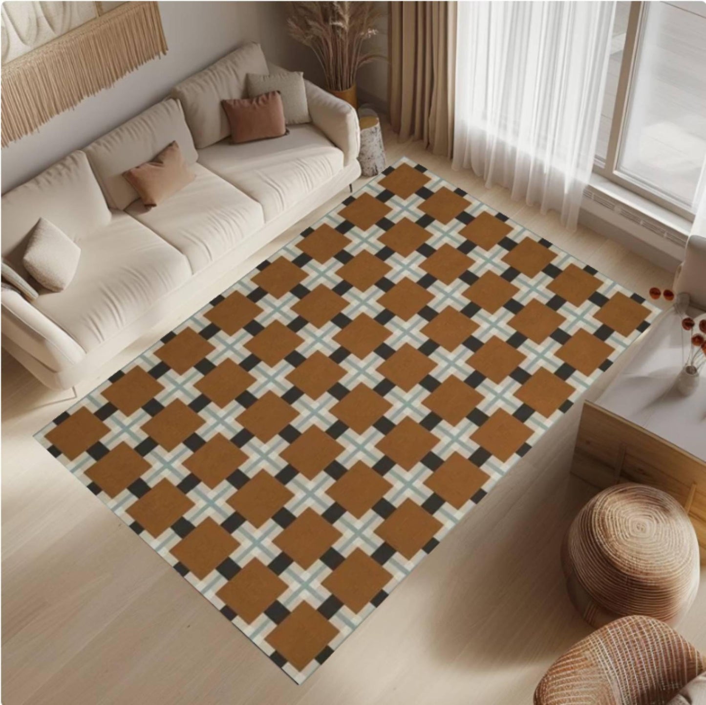 Brown Checkered Mid-Century Modern Area Rug