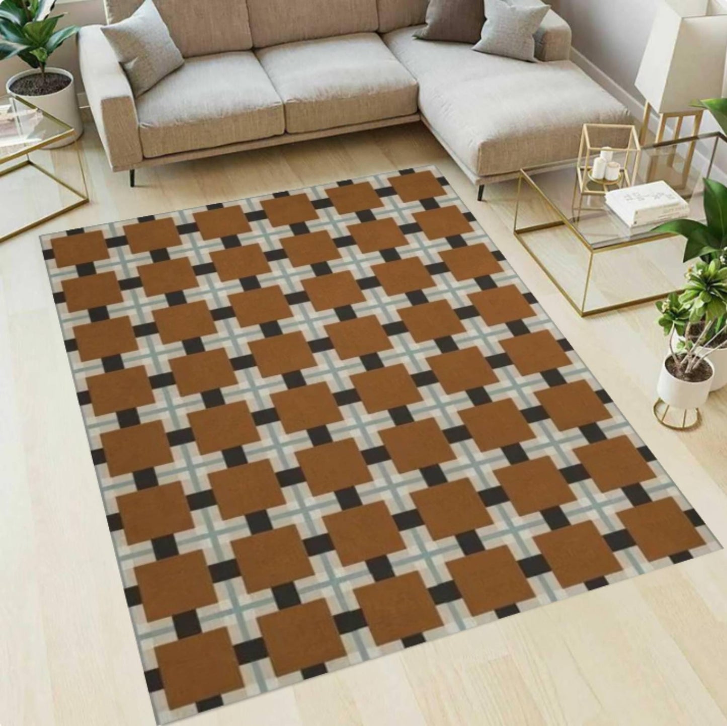 Brown Checkered Mid-Century Modern Area Rug
