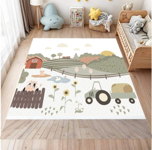 Children's room with a decorative rug featuring farm-themed illustrations on a wooden floor.