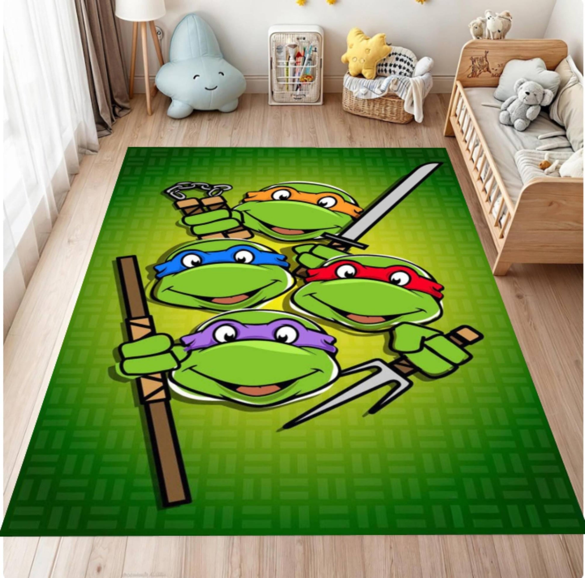 Green rug with cartoon turtle characters in a child's room