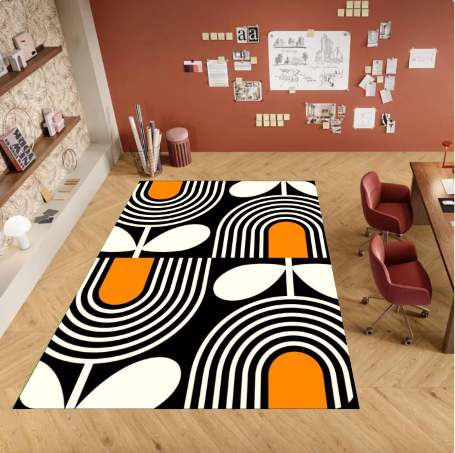 Mid-Century Modern Geometric Abstract Black & Orange Area Rug