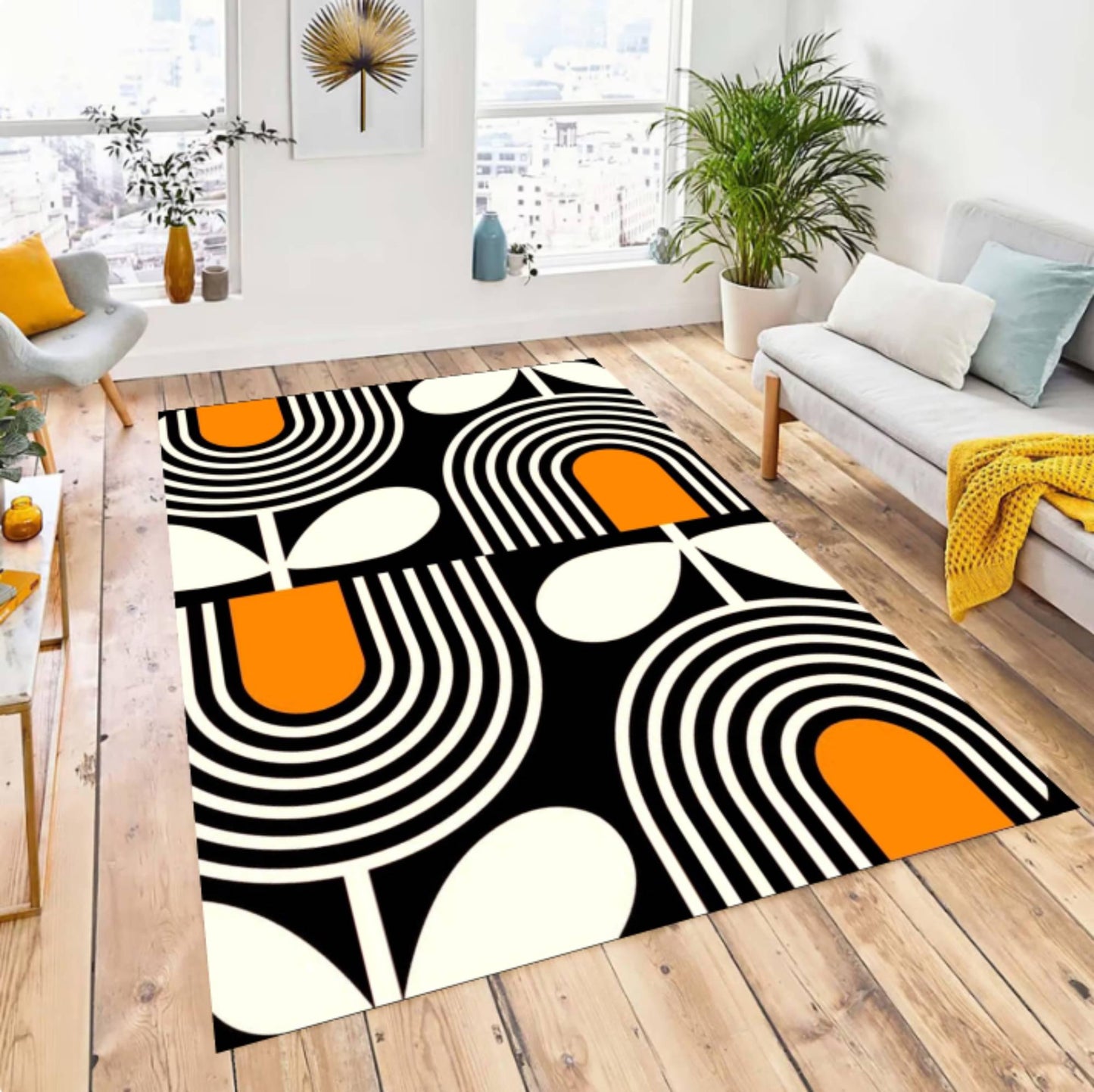 Mid-Century Modern Geometric Abstract Black & Orange Area Rug