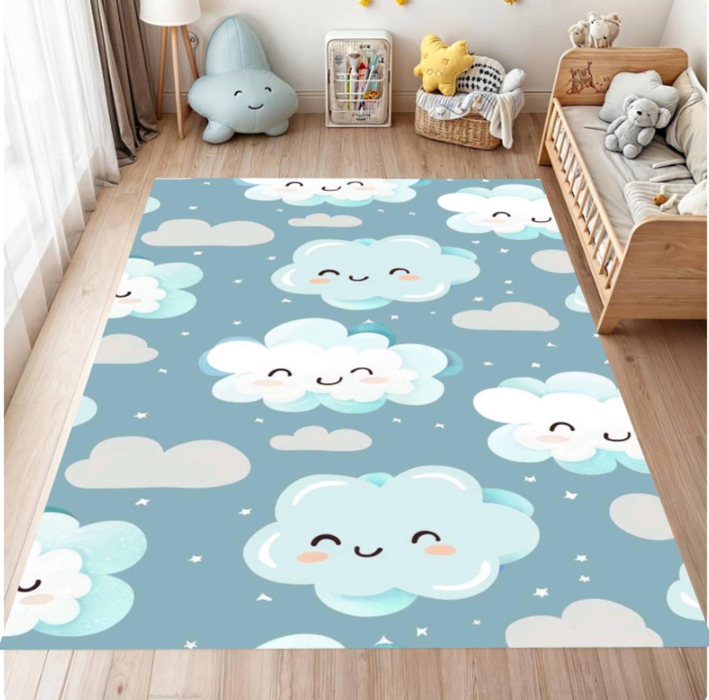 Children's room with a blue rug featuring cloud designs.