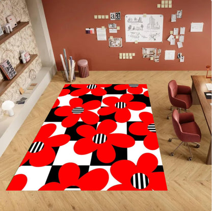 Red Rug with Floral Chart Checkerboard Washable Non-slip