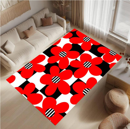 Red Rug with Floral Chart Checkerboard Washable Non-slip