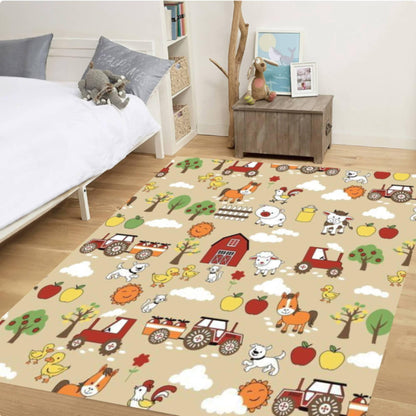 Kids Farm Animals Area Rug – Tractor & Barn Play Mat Washable Non-Slip