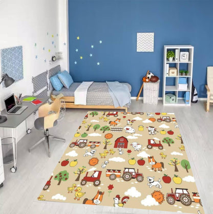 Farm Animal Kids Rug, Washable Playroom Carpet, Tractor Barn Design