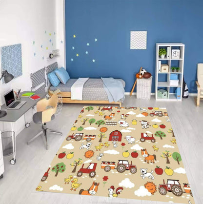 Kids Farm Animals Area Rug – Tractor & Barn Play Mat Washable Non-Slip