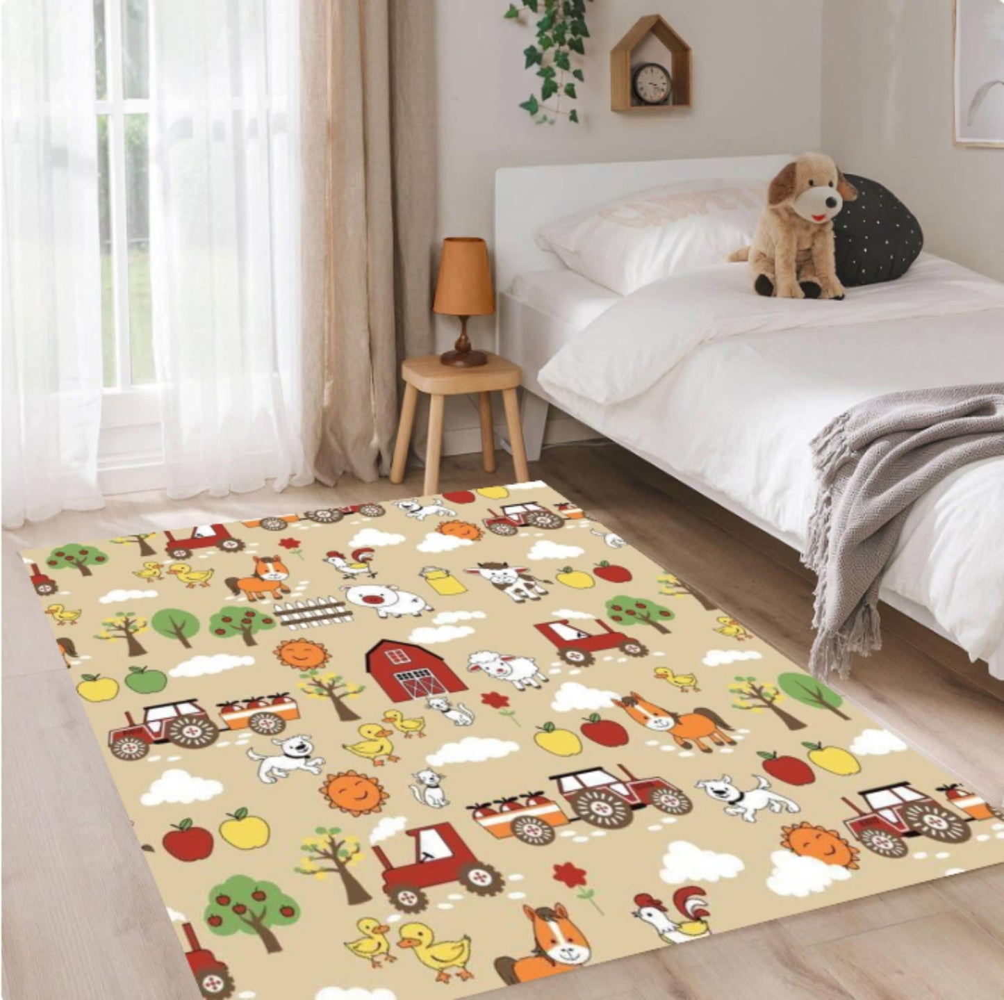 Kids Farm Animals Area Rug – Tractor & Barn Play Mat Washable Non-Slip