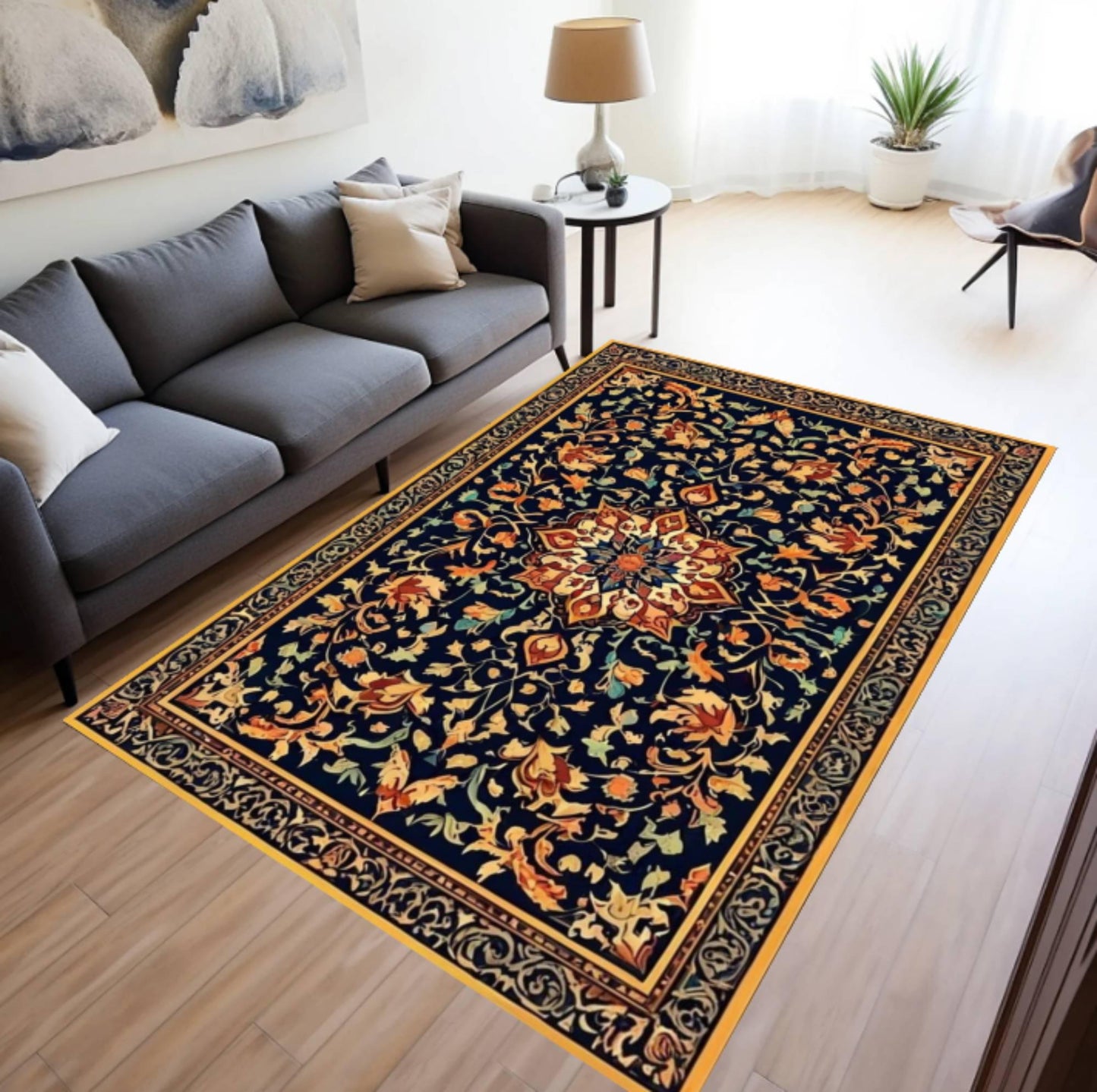 Navy Blue Persian Area Rug, Vintage Floral Style, Washable