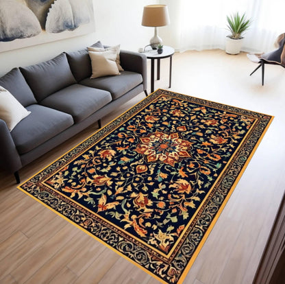 Navy Blue Persian Area Rug, Vintage Floral Style, Washable