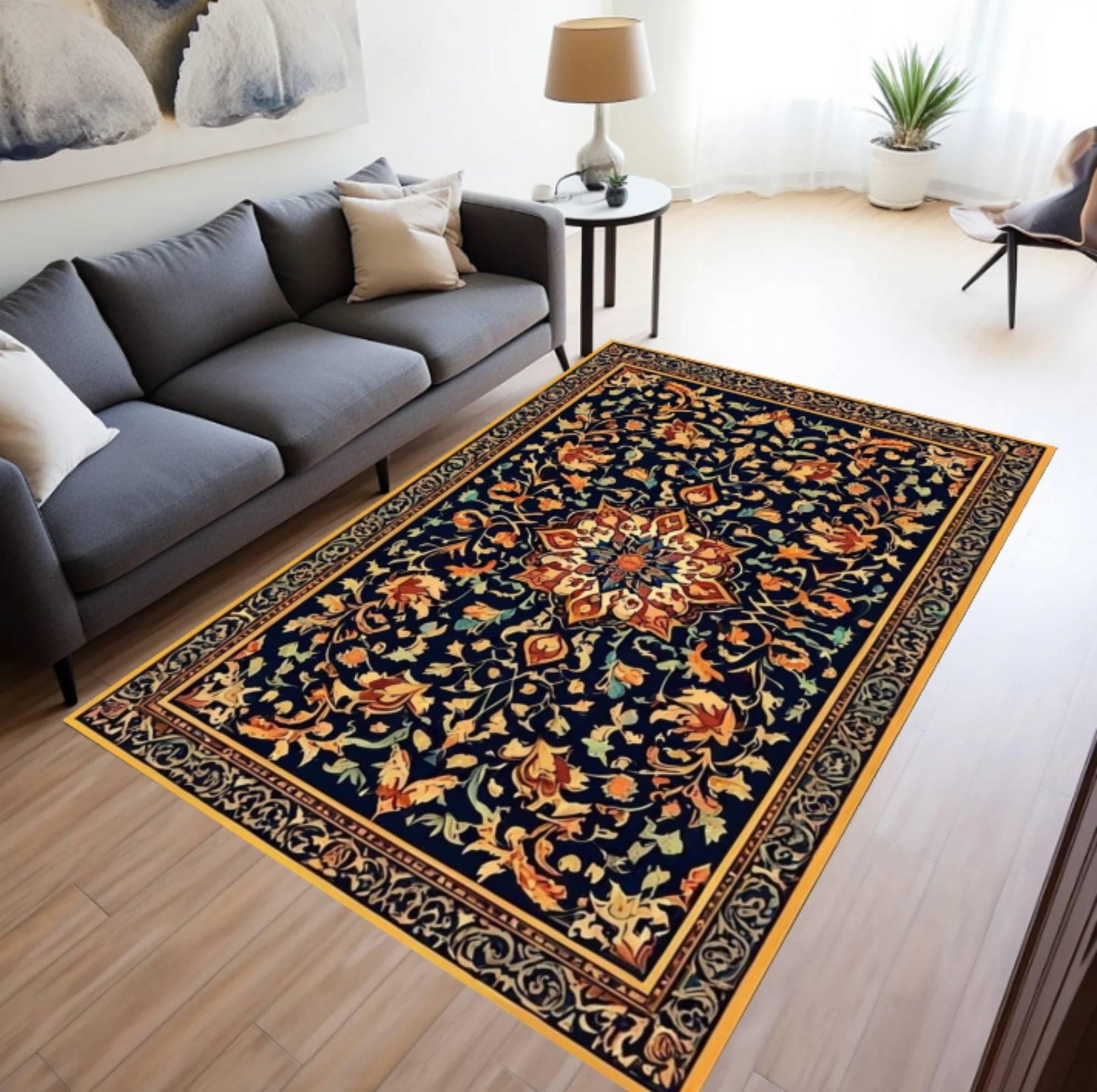 Navy Blue Vintage Floral Area Rug – Washable Non-Slip