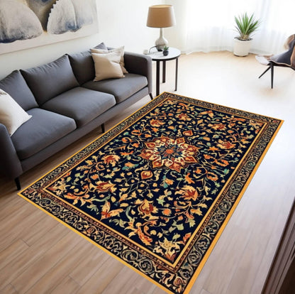 Navy Blue Vintage Floral Area Rug – Washable Non-Slip