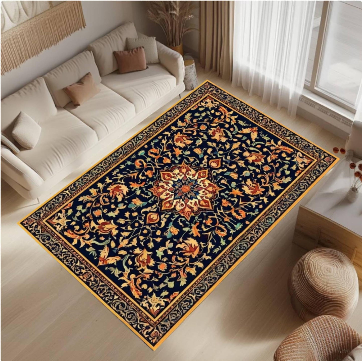 Navy Blue Vintage Floral Area Rug – Washable Non-Slip