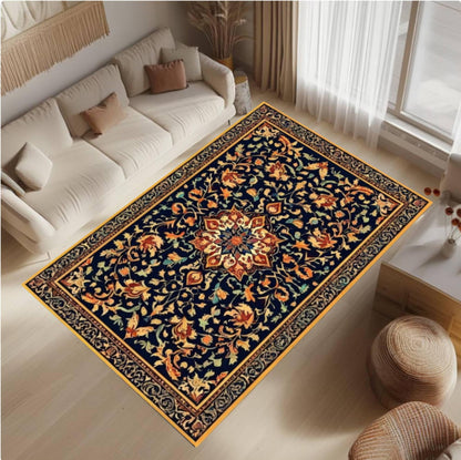 Navy Blue Vintage Floral Area Rug – Washable Non-Slip