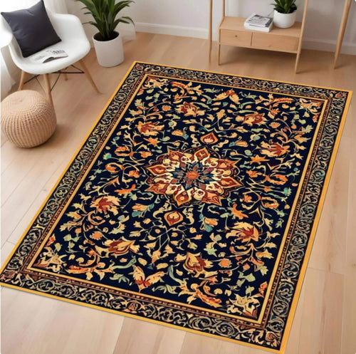 Navy Blue Vintage Floral Area Rug – Washable Non-Slip