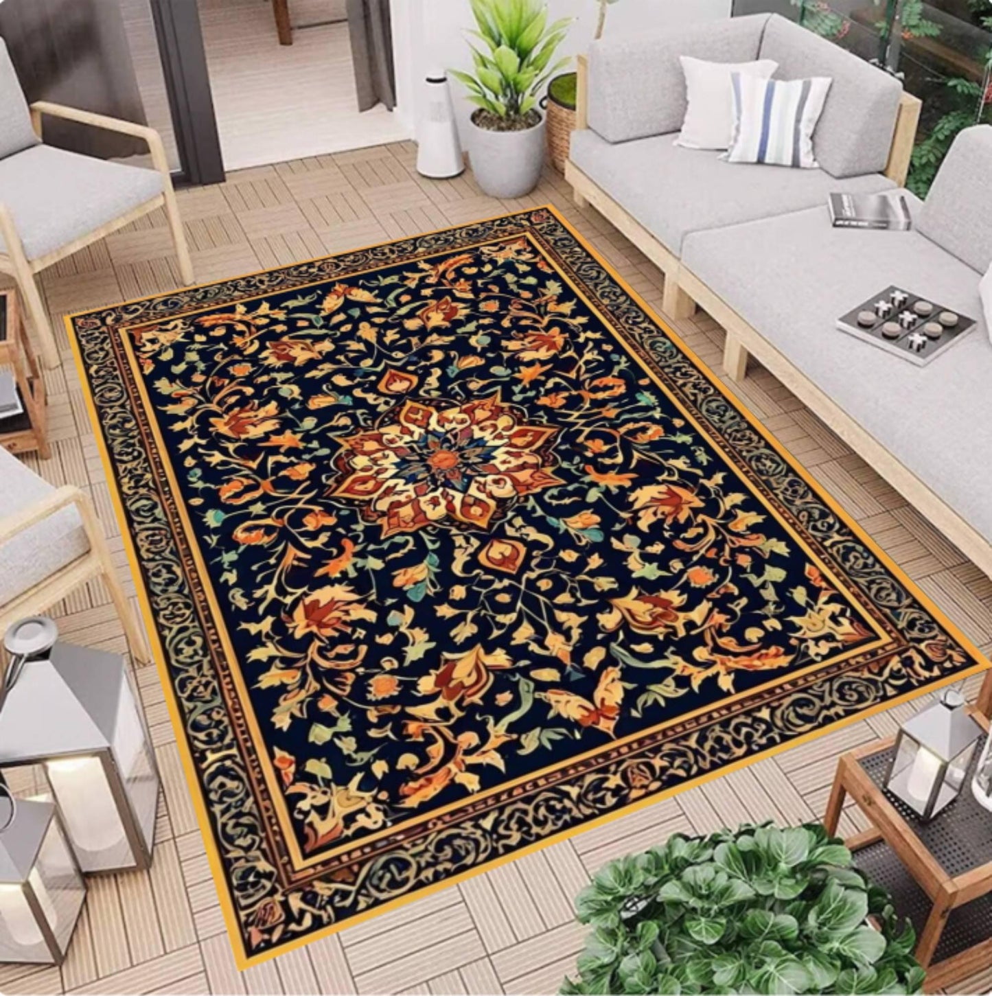 Navy Blue Vintage Floral Area Rug – Washable Non-Slip