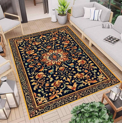 Navy Blue Vintage Floral Area Rug – Washable Non-Slip