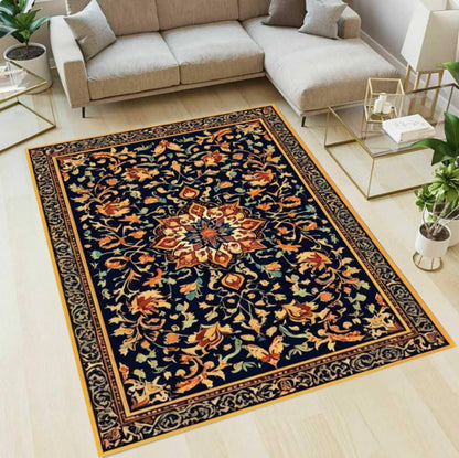 Navy Blue Vintage Floral Area Rug – Washable Non-Slip