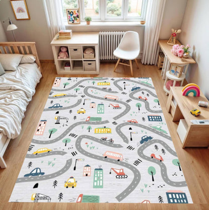 Kids City Road Map Play Rug, Washable Nursery Carpet