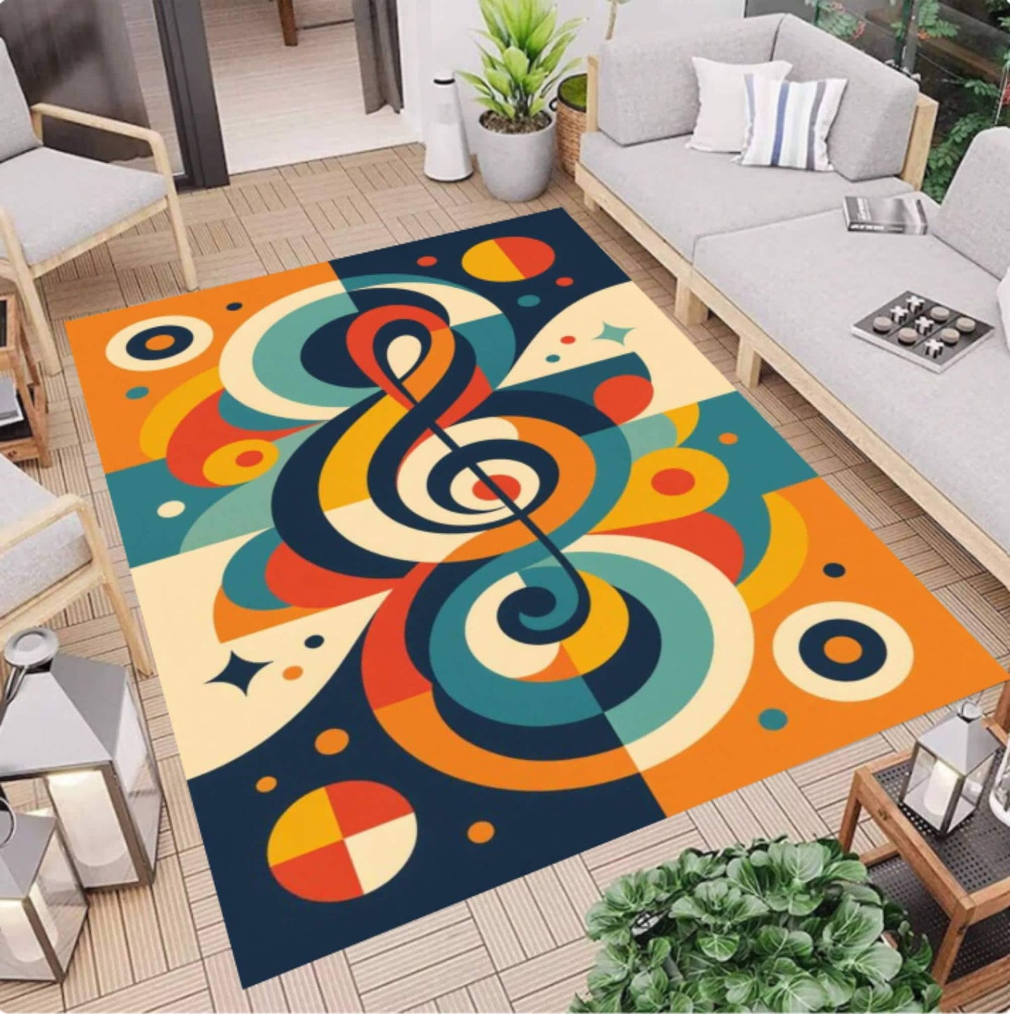 Retro Treble Clef Music Rug - Colorful Mid-Century Modern Decor Rug