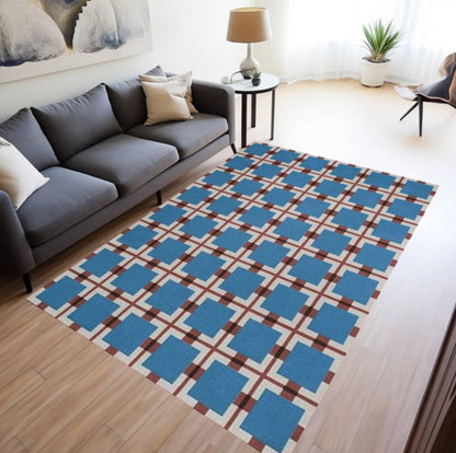 Blue Geometric Washable Non-slip Modern Rug