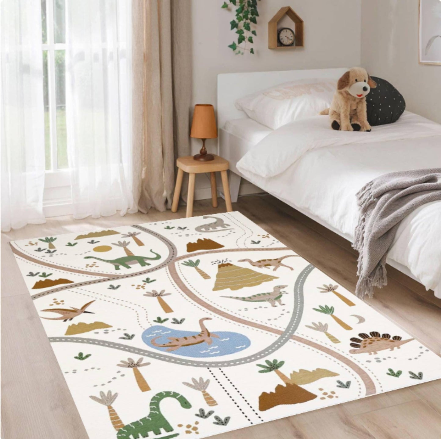 Dinosaur Road Map Kids Playroom Rug  Washable Non-slip