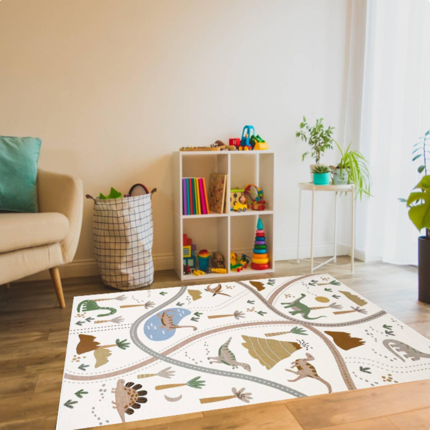 Dinosaur Road Map Kids Playroom Rug  Washable Non-slip