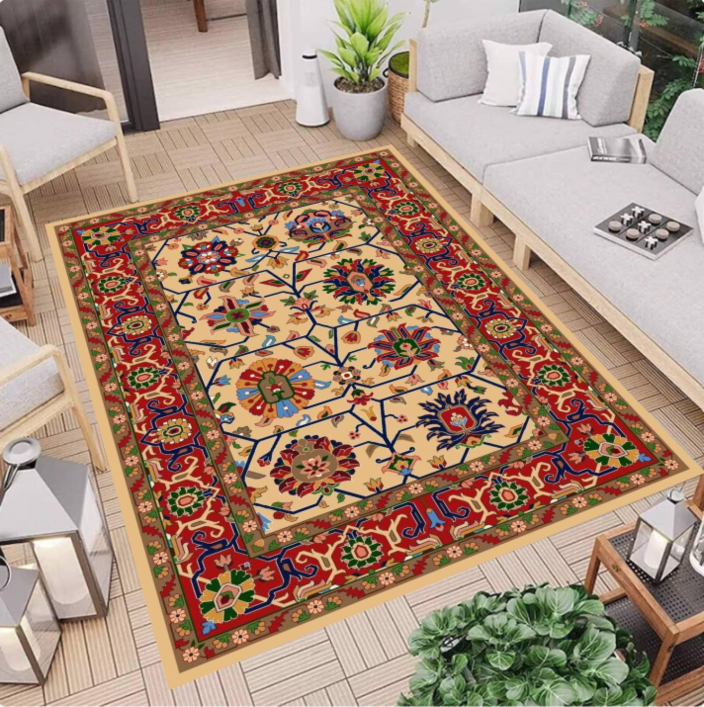 Washable Boho Rug Vintage Floral Medallion Non-slip