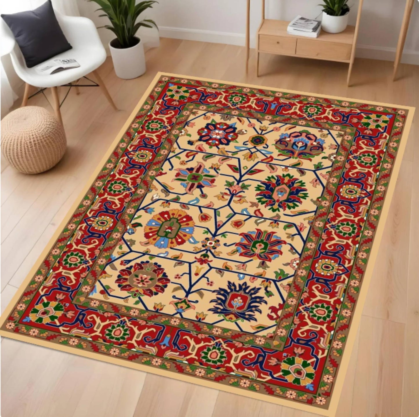 Decorative rug with intricate patterns on a wooden floor