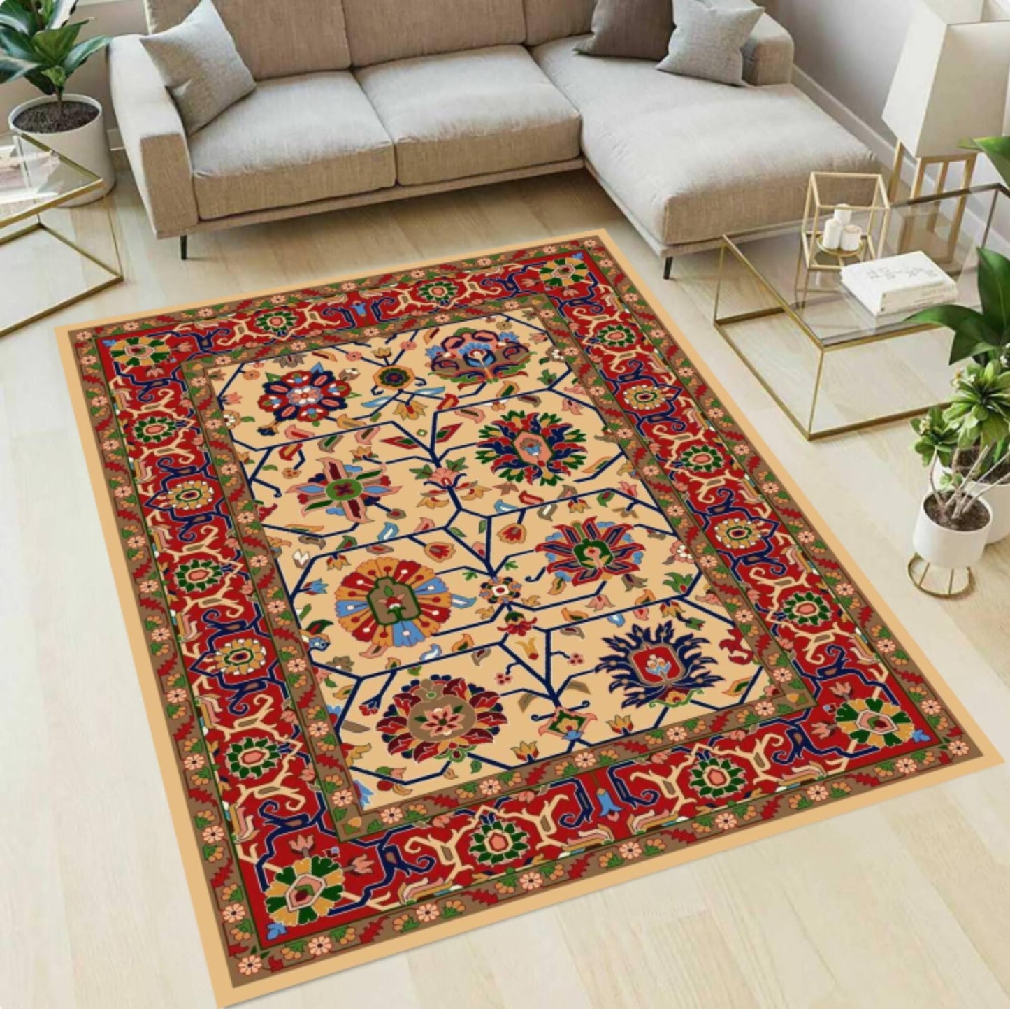 Washable Persian Area Rug, Vintage Floral Medallion, Non-Slip