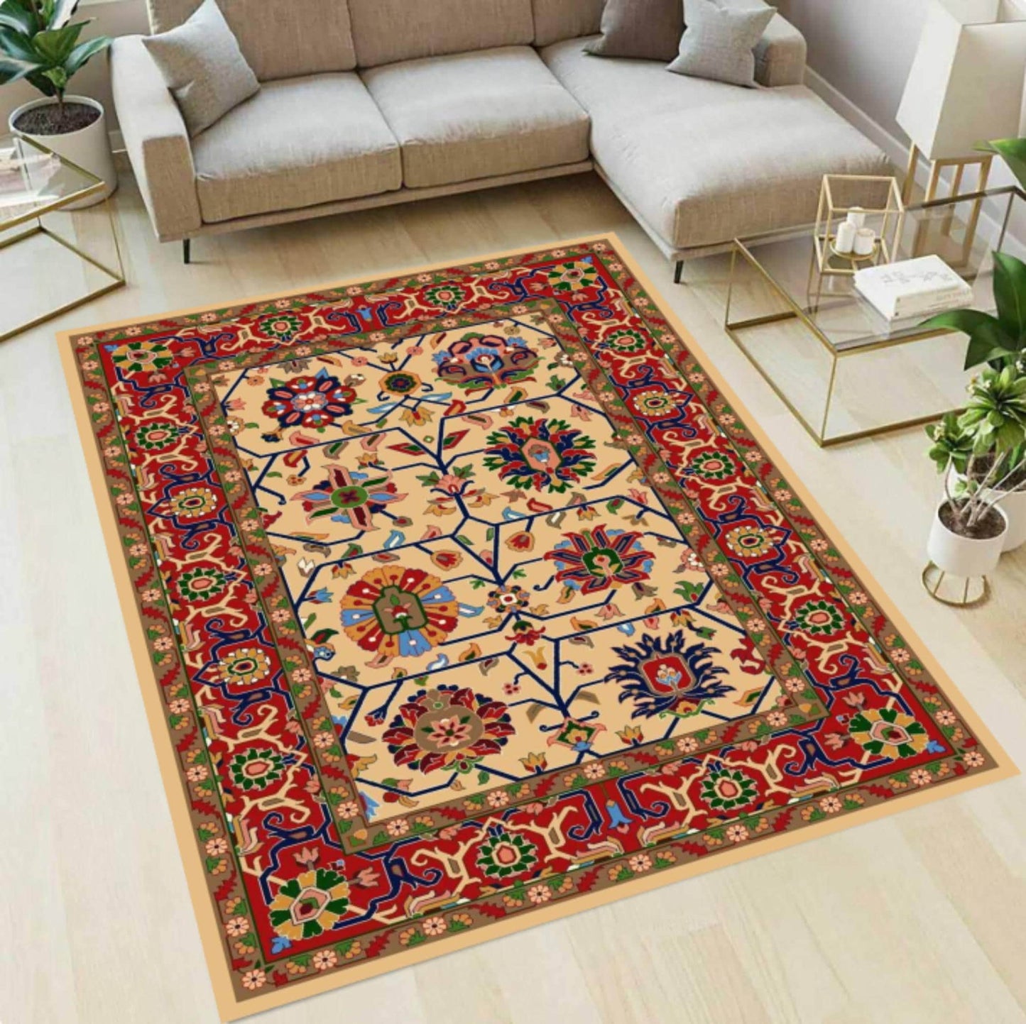 Washable Boho Rug Vintage Floral Medallion Non-slip