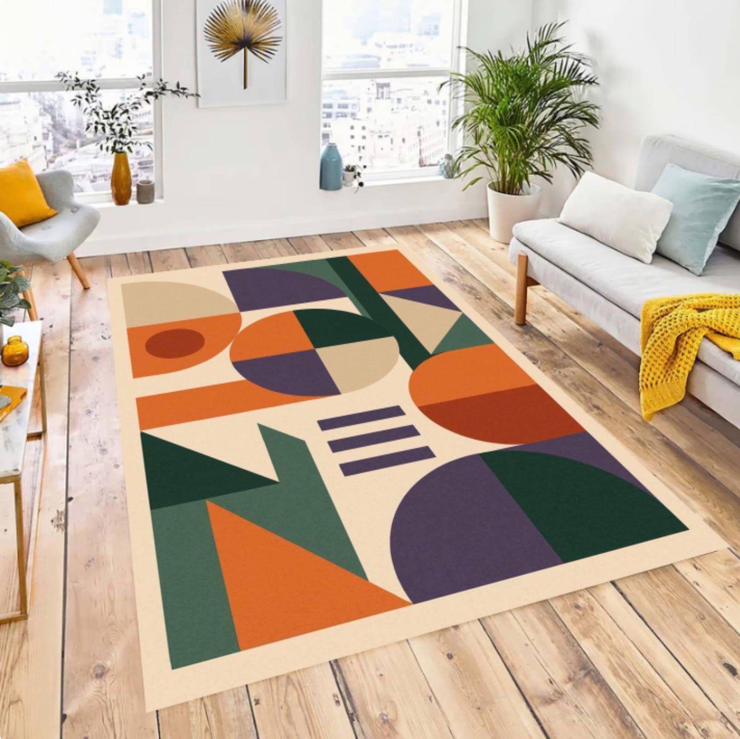 Mid-Century Modern Geometric Area Rug – Abstract Art Washable